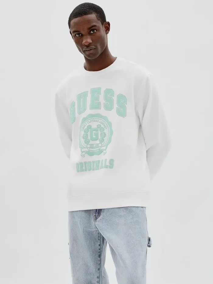 Hoodies and Sweaters GUESS Originals Logo Crewneck Pullover Pure White Multi 8211 GUESS Men Hoodies and Sweaters GUESS Originals Logo Crewneck Pullover Pure White Multi 8211 GUESS Men