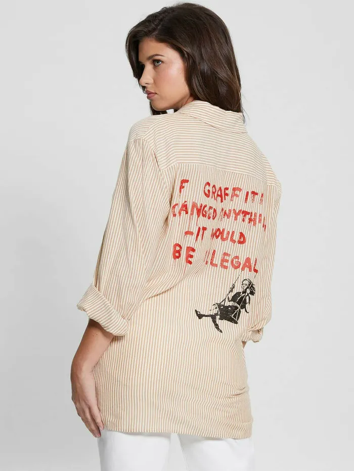 Intimates Women GUESS Graffiti Striped Oversized Shirt Wet Sand Multi Intimates Women GUESS Graffiti Striped Oversized Shirt Wet Sand Multi