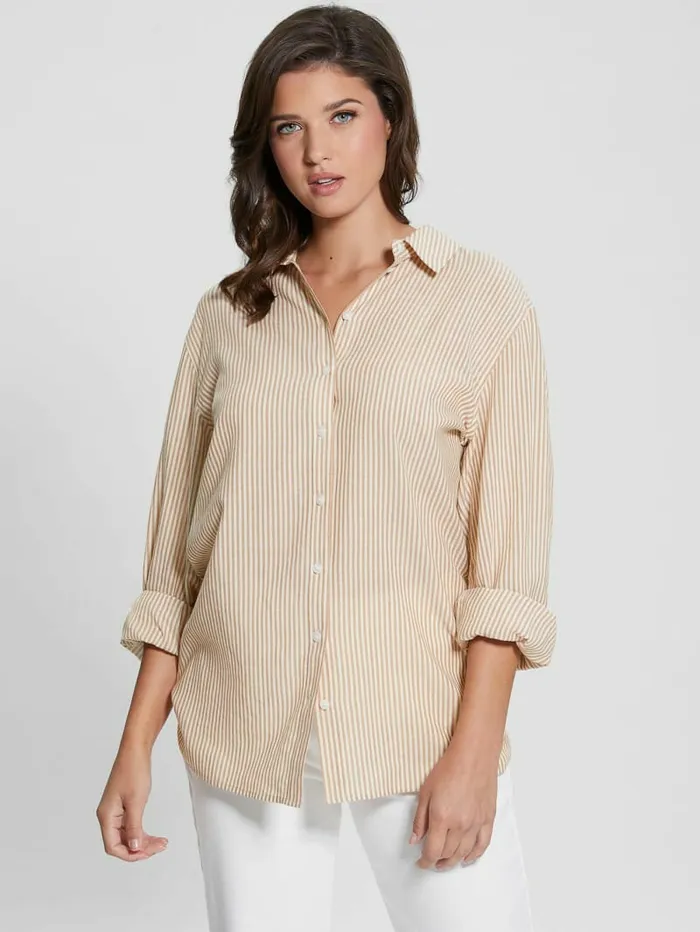 Intimates Women GUESS Graffiti Striped Oversized Shirt Wet Sand Multi Intimates Women GUESS Graffiti Striped Oversized Shirt Wet Sand Multi