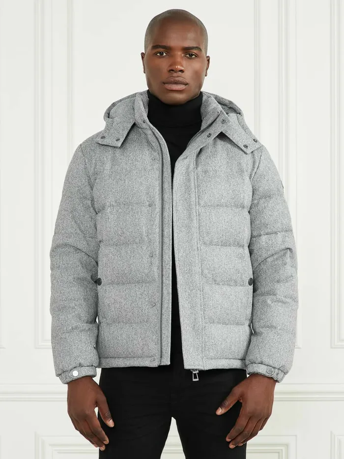Jackets and Coats GUESS Men Hooded Puffer Jacket Grey Herringbone Melange