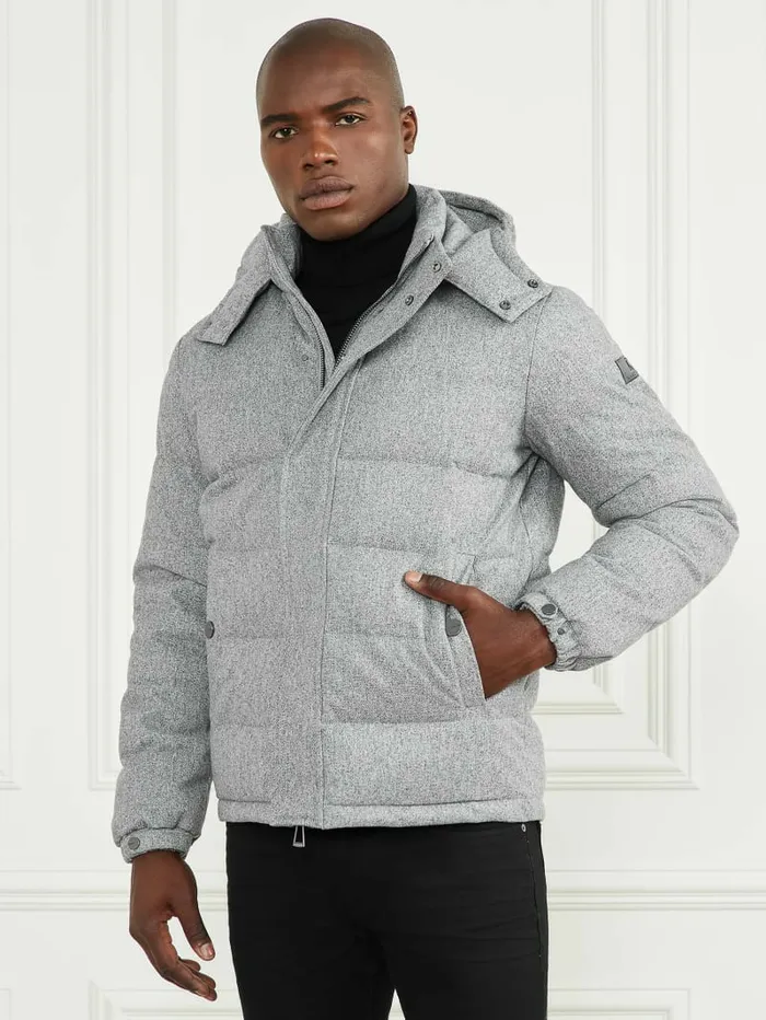 Jackets and Coats GUESS Men Hooded Puffer Jacket Grey Herringbone Melange