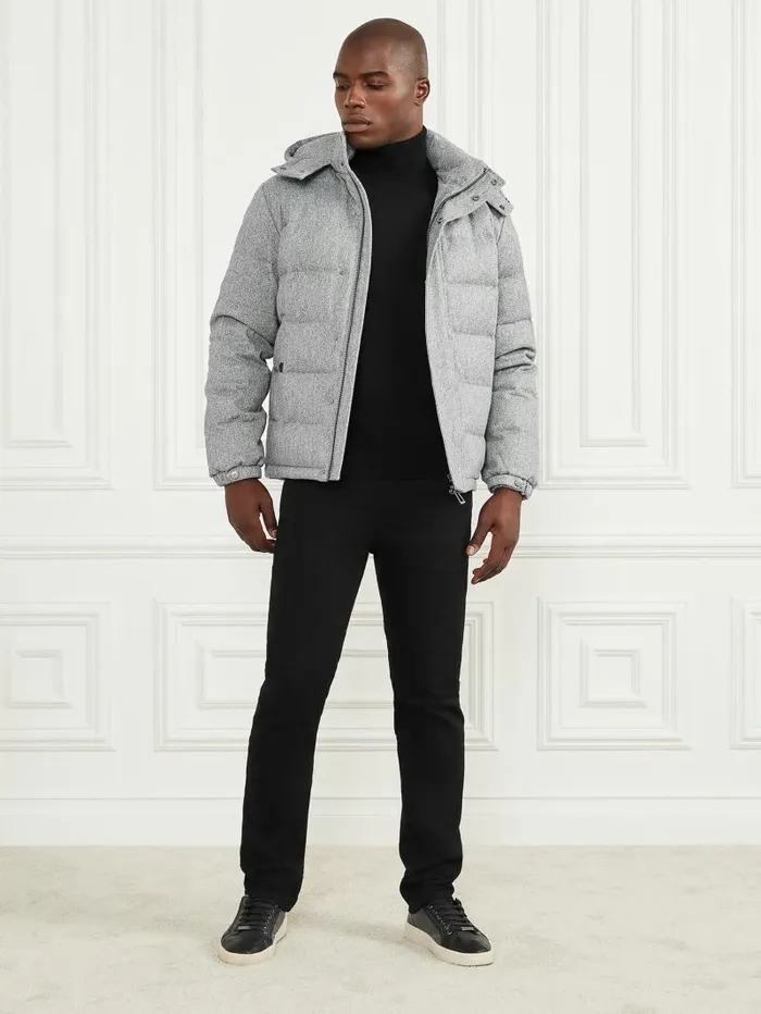 Jackets and Coats GUESS Men Hooded Puffer Jacket Grey Herringbone Melange