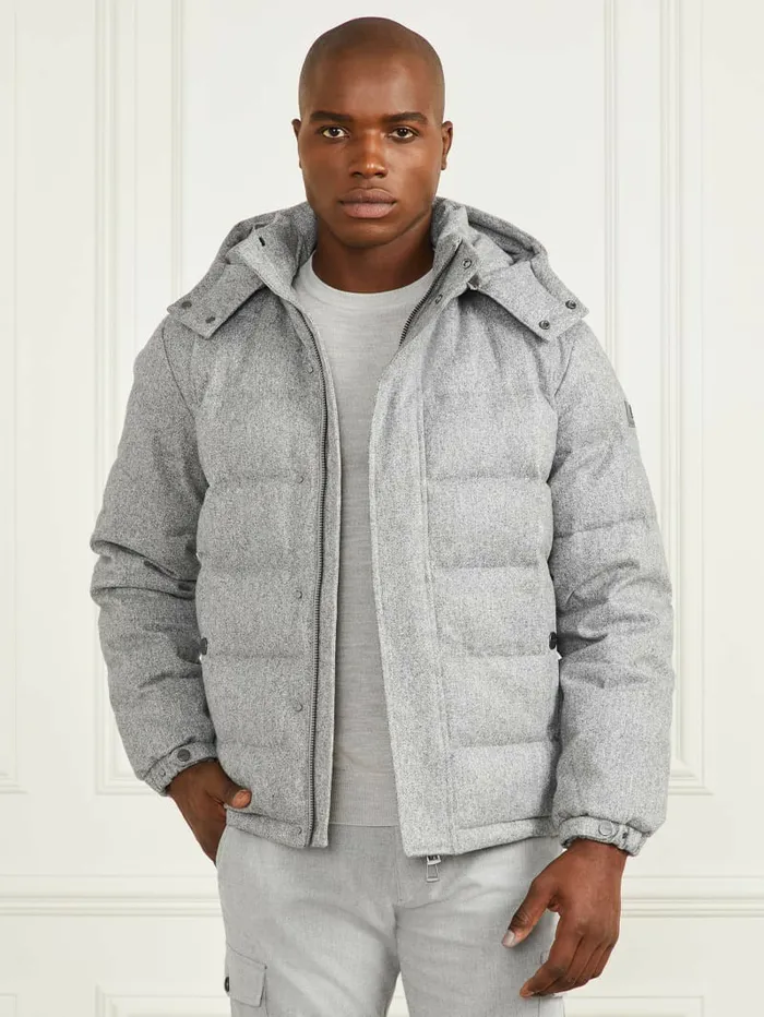 Jackets and Coats GUESS Men Hooded Puffer Jacket Grey Herringbone Melange