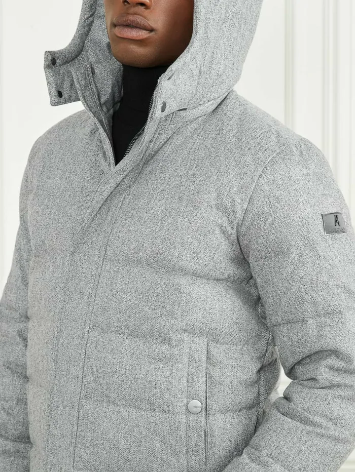 Jackets and Coats GUESS Men Hooded Puffer Jacket Grey Herringbone Melange