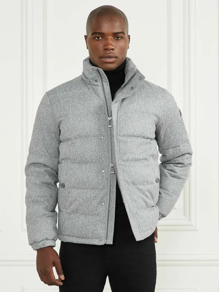 Jackets and Coats GUESS Men Hooded Puffer Jacket Grey Herringbone Melange