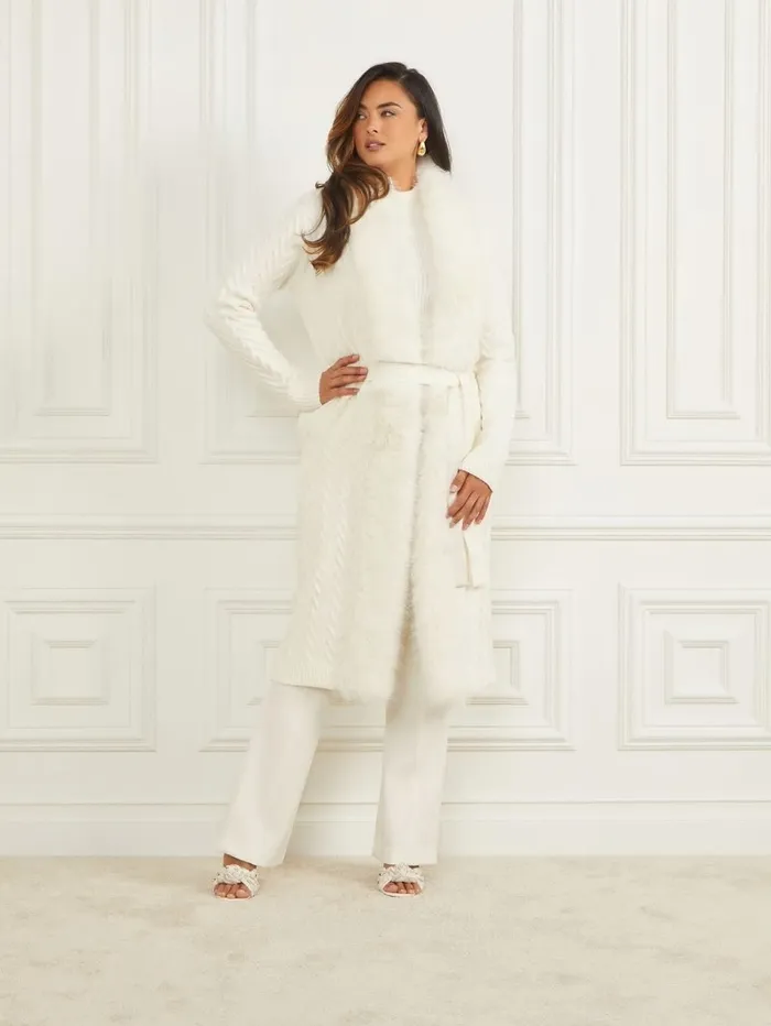 Jackets and Coats GUESS Women Paula FauxFur Long Cardigan Sweater Pale Pearl