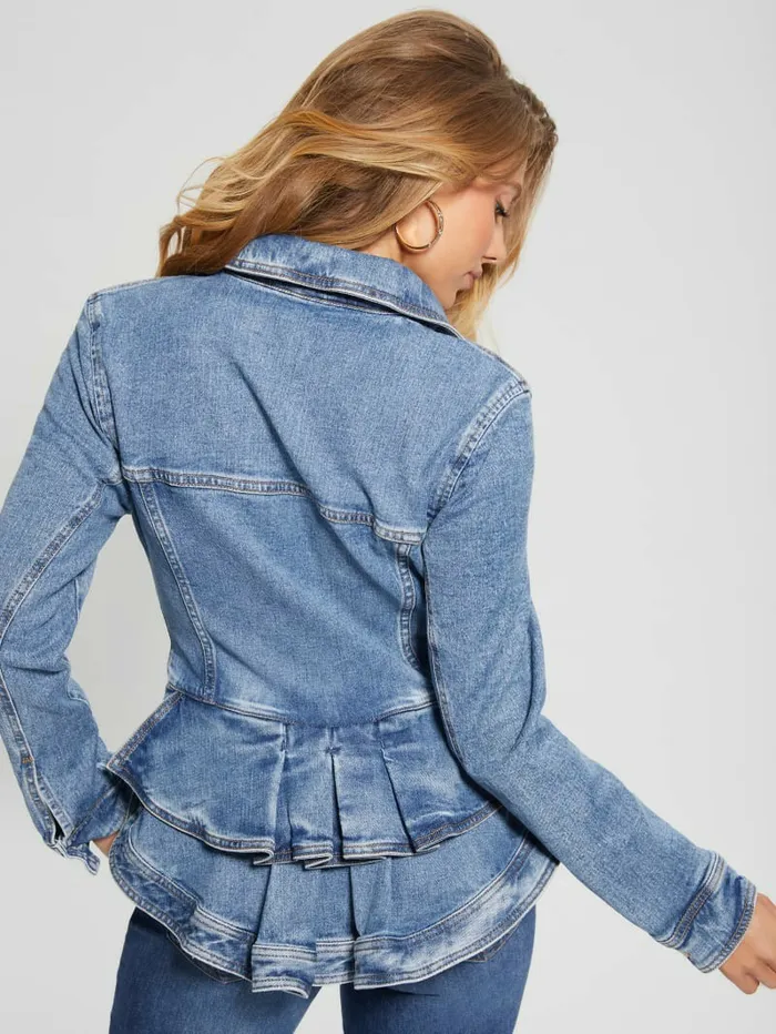 Jackets and Coats GUESS Women Peplum Ruffle Denim Jacket Tradewinds