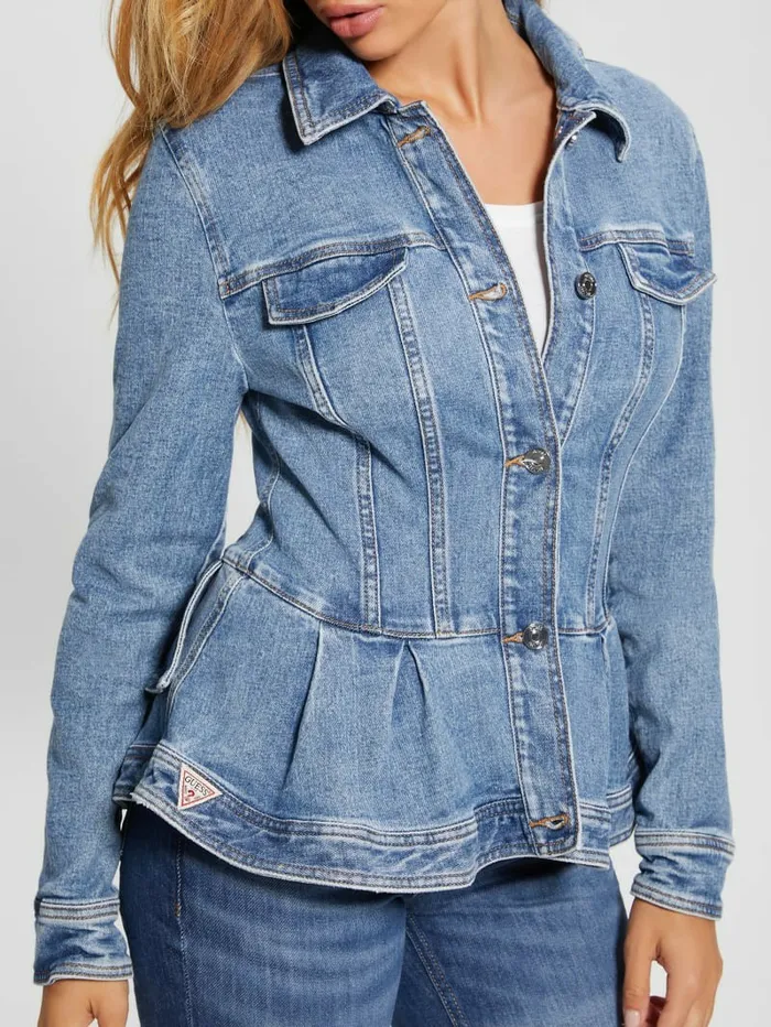 Jackets and Coats GUESS Women Peplum Ruffle Denim Jacket Tradewinds