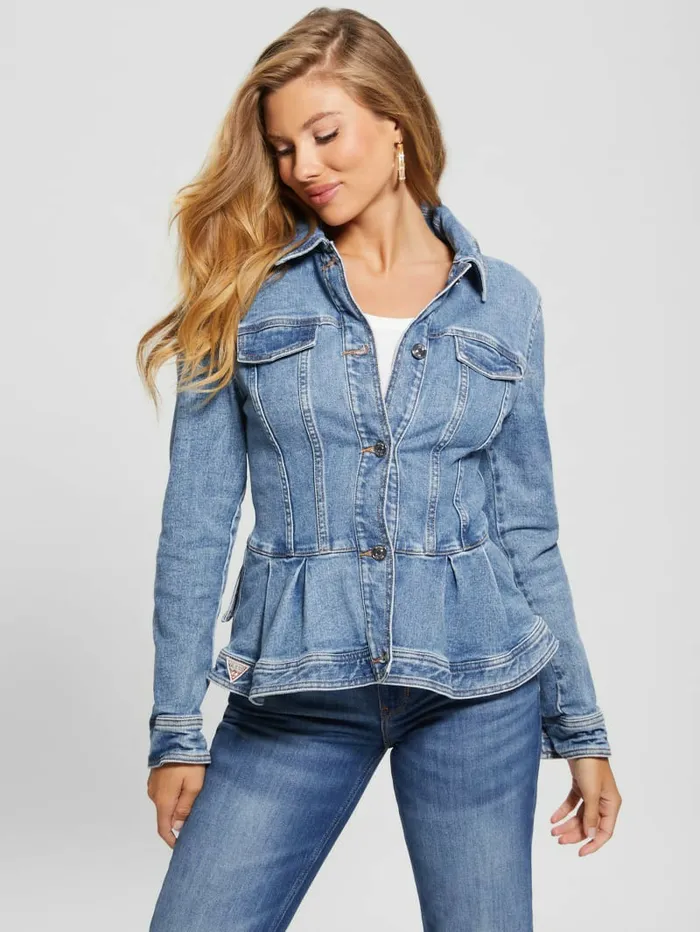 Jackets and Coats GUESS Women Peplum Ruffle Denim Jacket Tradewinds