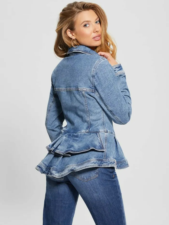 Jackets and Coats GUESS Women Peplum Ruffle Denim Jacket Tradewinds