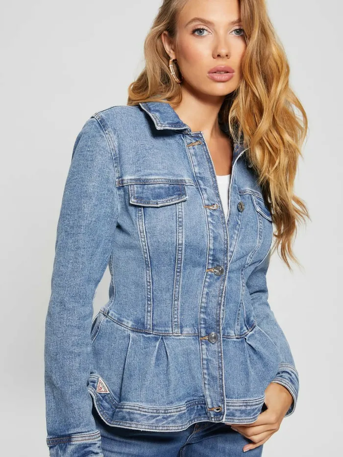 Jackets and Coats GUESS Women Peplum Ruffle Denim Jacket Tradewinds
