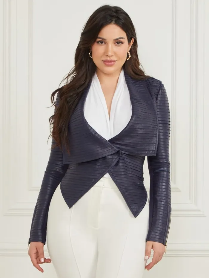 Jackets and Coats GUESS Women Shayna Drape Leather Jacket Cave Blue Multi