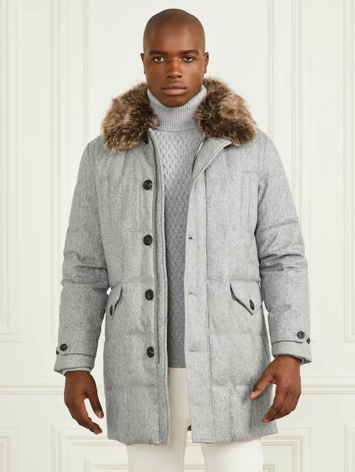Jackets and Coats Men Long Twill Jacket Grey Herringbone Melange GUESS