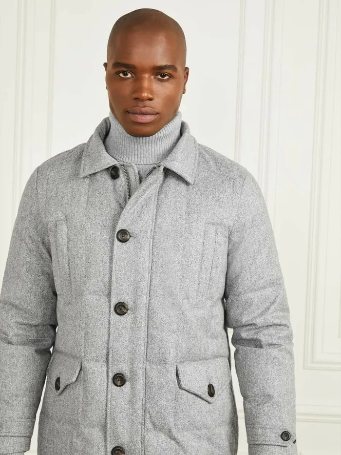 Jackets and Coats Men Long Twill Jacket Grey Herringbone Melange GUESS