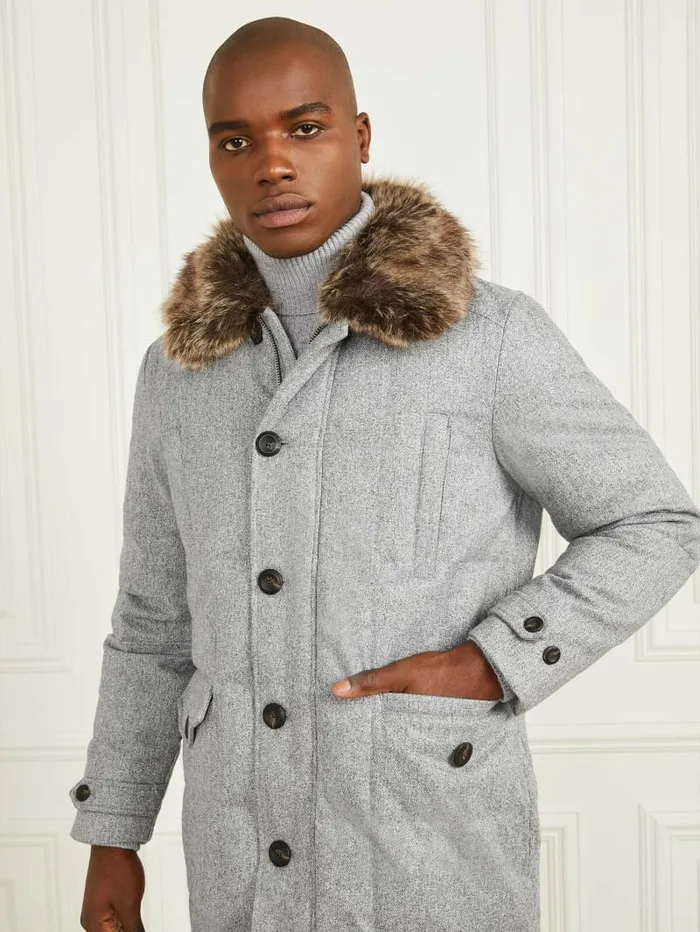 Jackets and Coats Men Long Twill Jacket Grey Herringbone Melange GUESS