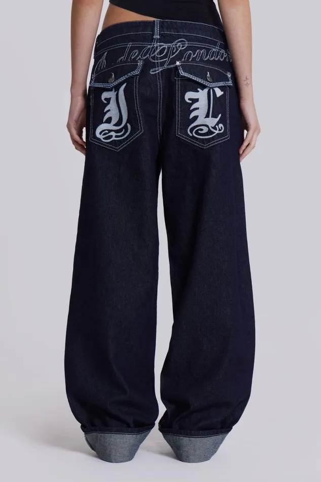 Jaded London Baggy Jeans Men Sonic Embroidered Baggy Jeans Blue