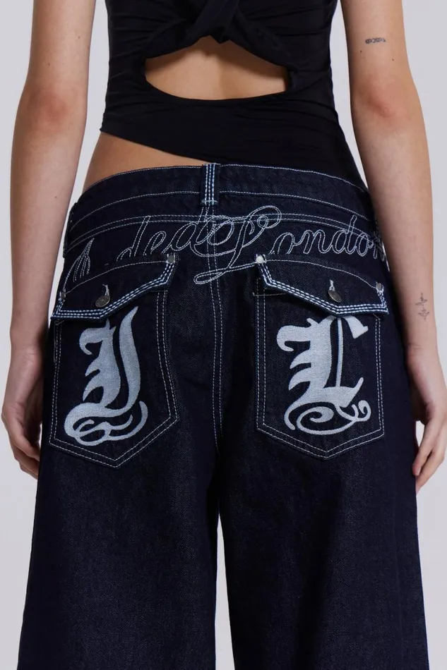 Jaded London Baggy Jeans Men Sonic Embroidered Baggy Jeans Blue