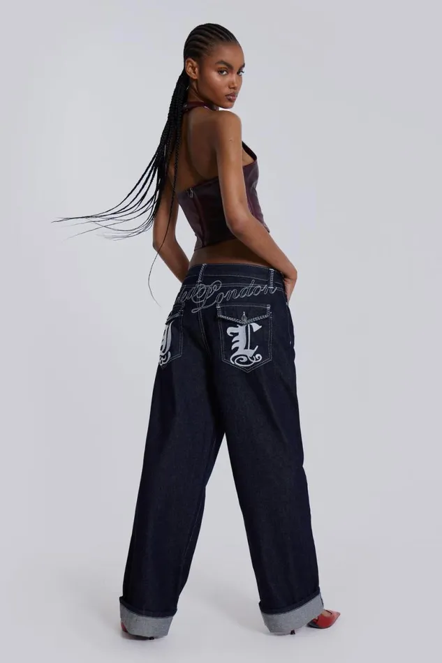 Jaded London Baggy Jeans Men Sonic Embroidered Baggy Jeans Blue