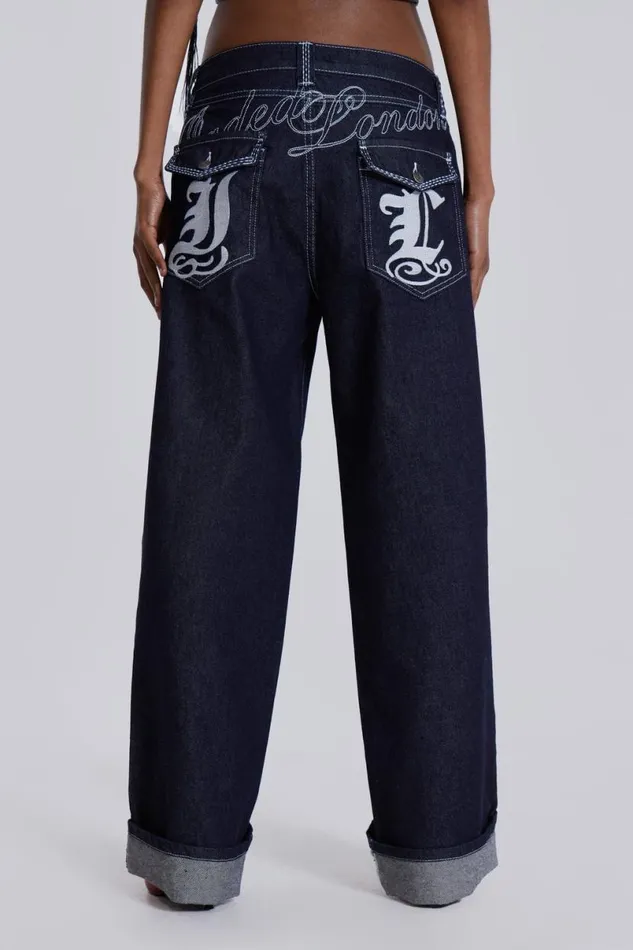 Jaded London Baggy Jeans Men Sonic Embroidered Baggy Jeans Blue