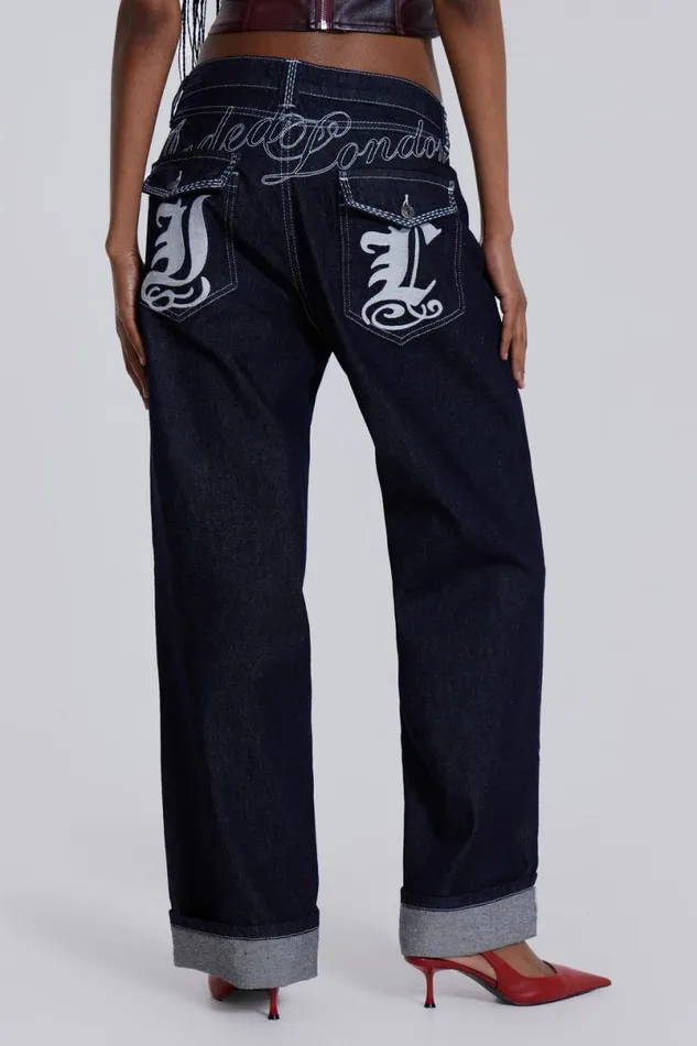 Jaded London Baggy Jeans Men Sonic Embroidered Baggy Jeans Blue