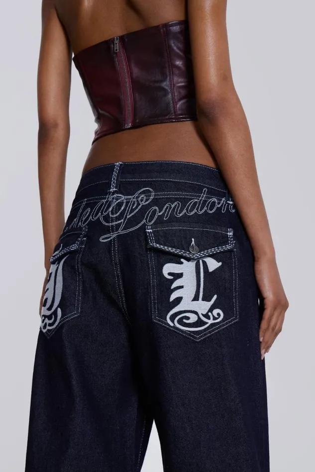 Jaded London Baggy Jeans Men Sonic Embroidered Baggy Jeans Blue