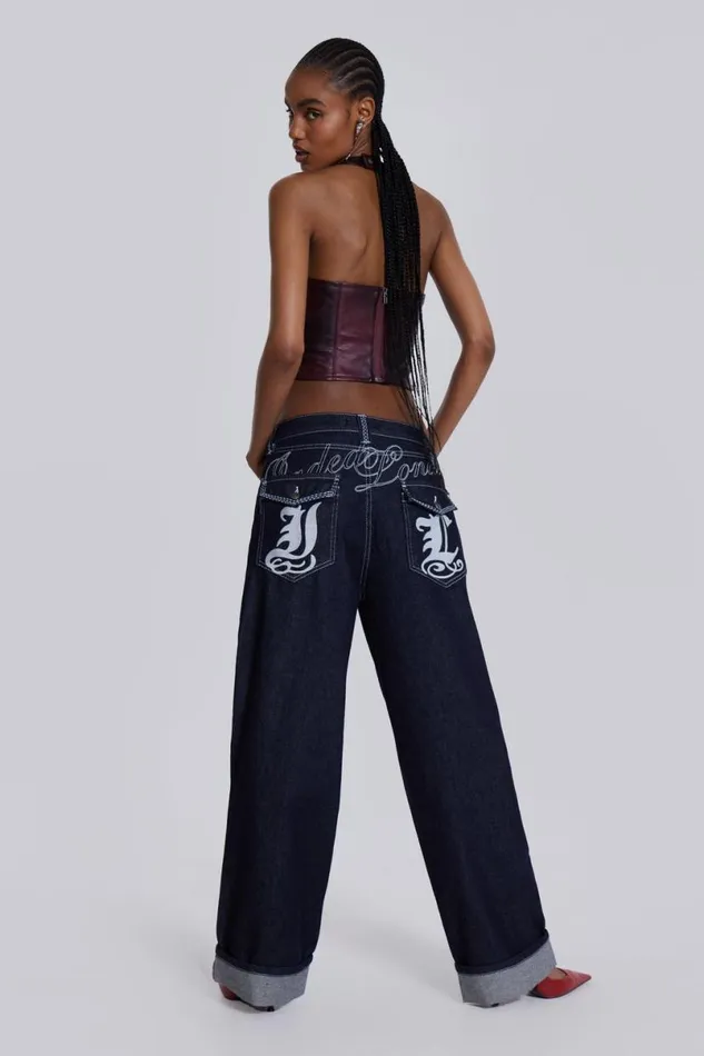 Jaded London Baggy Jeans Men Sonic Embroidered Baggy Jeans Blue