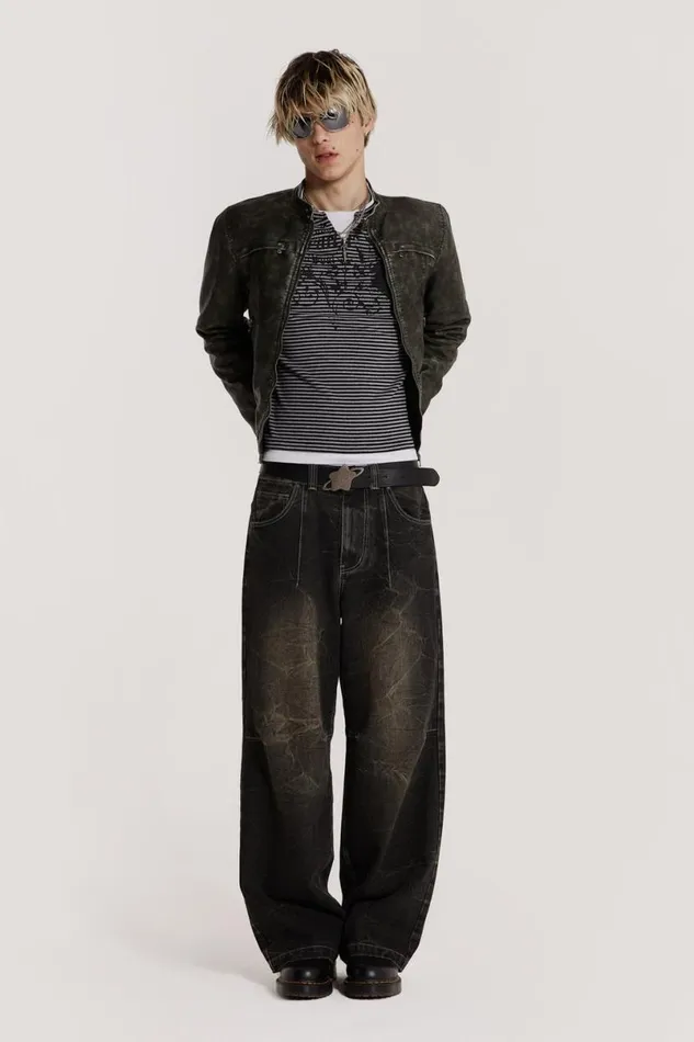 Jaded London Baggy Jeans Men Washed Black Razor Jeans Grey