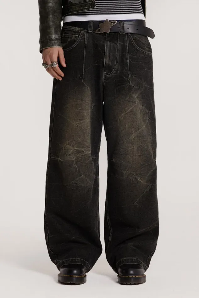 Jaded London Baggy Jeans Men Washed Black Razor Jeans Grey