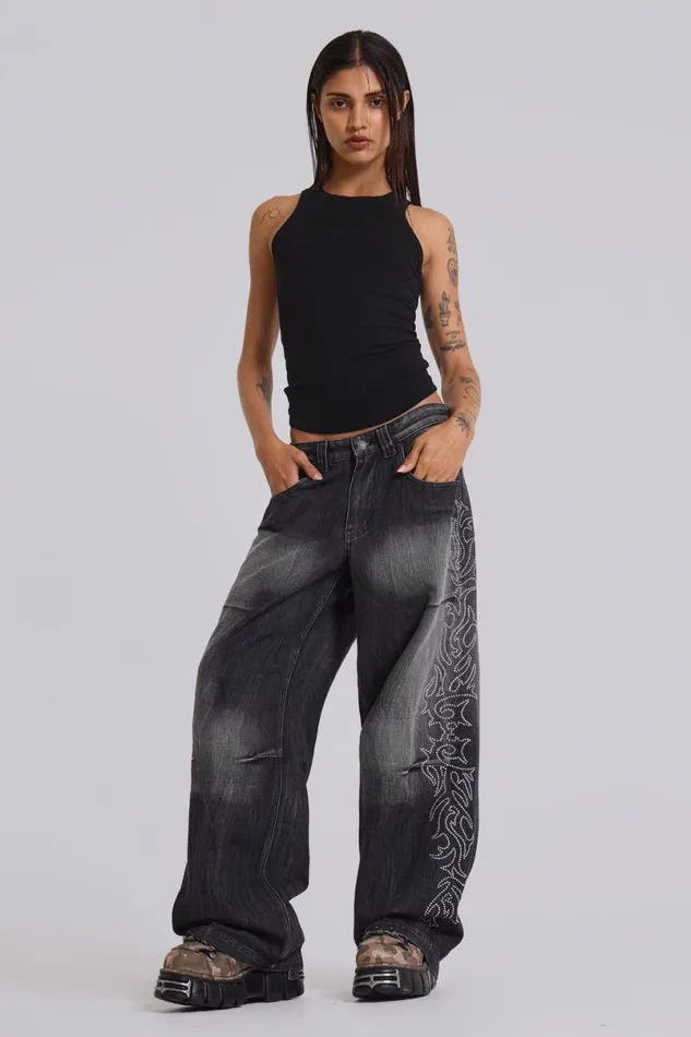 Jaded London Baggy Jeans WomenUnisex Crystalline Colossus Jeans Black