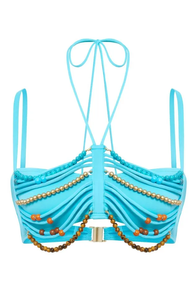Jaded London Bikini Tops Women Aurora Bandeau Bikini Top With Beaded Trim Turquoise
