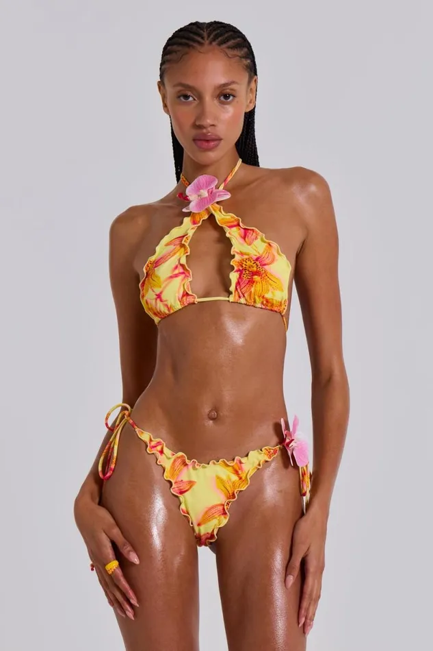 Jaded London Bikini Tops Women Lucia Ruffle Halter Bikini Top With Flower Detail Summer Orchid