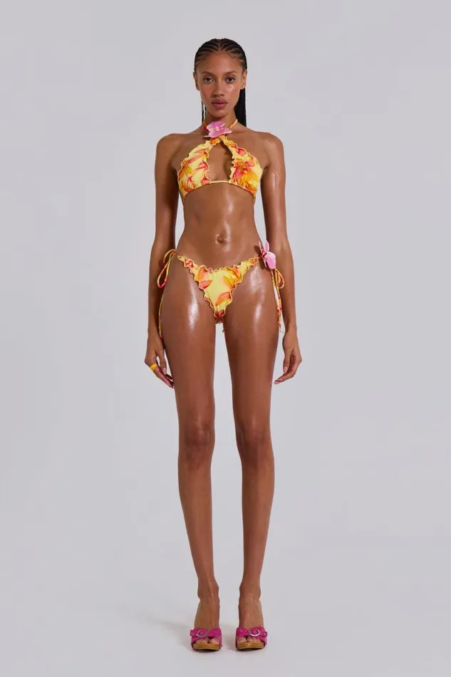 Jaded London Bikini Tops Women Lucia Ruffle Halter Bikini Top With Flower Detail Summer Orchid