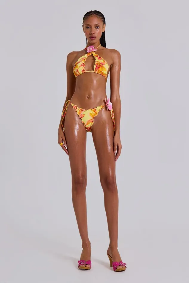 Jaded London Bikini Tops Women Lucia Ruffle Halter Bikini Top With Flower Detail Summer Orchid
