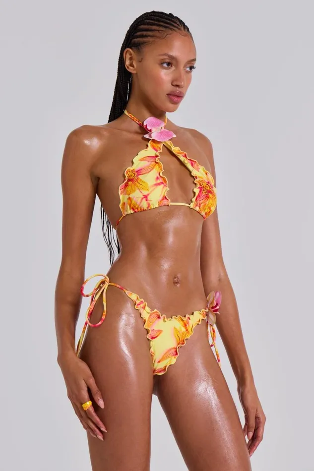 Jaded London Bikini Tops Women Lucia Ruffle Halter Bikini Top With Flower Detail Summer Orchid