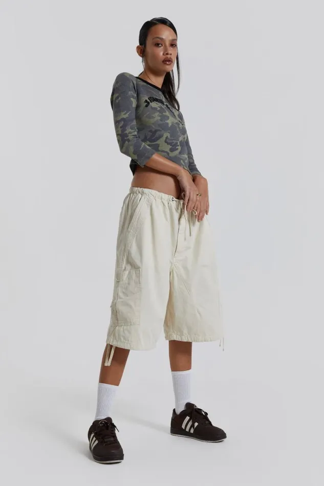 Jaded London Cargo Pants Men Ecru Parachute Cargo Shorts White