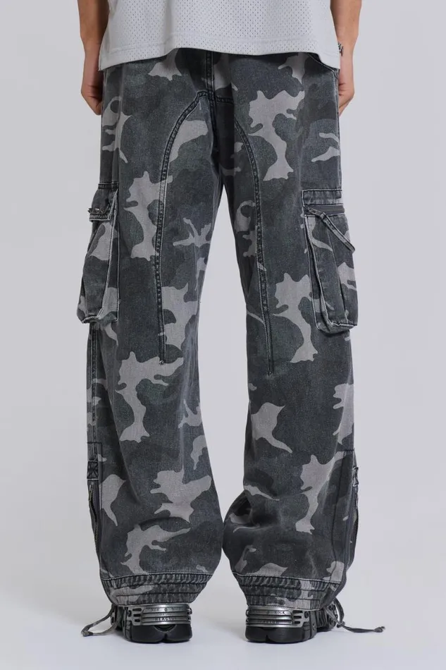 Jaded London Cargo Pants Men Washed Black Trooper Camo Cargo Pant Black