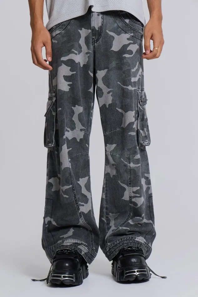 Jaded London Cargo Pants Men Washed Black Trooper Camo Cargo Pant Black