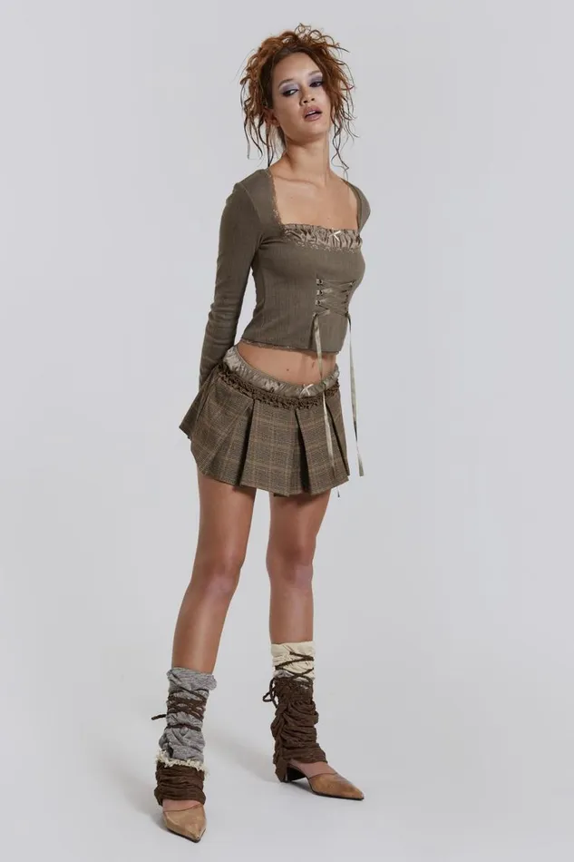 Jaded London CoOrds Women Juliette Check Satin Boxer Micro Mini Skirt Brown