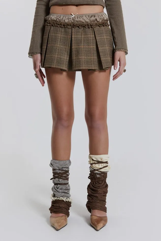 Jaded London CoOrds Women Juliette Check Satin Boxer Micro Mini Skirt Brown