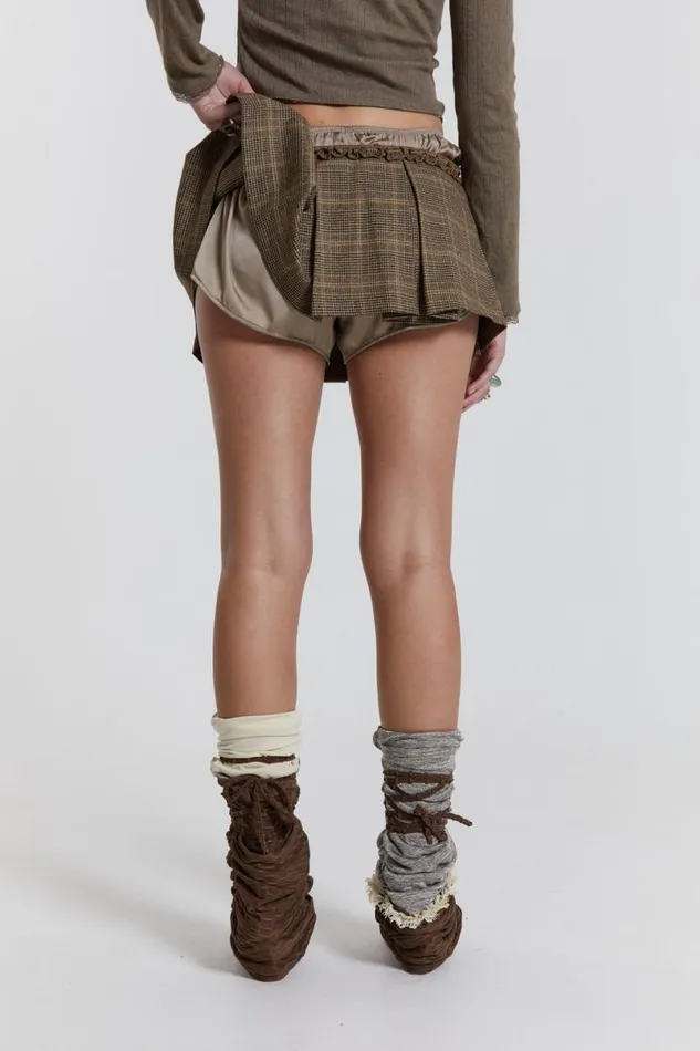 Jaded London CoOrds Women Juliette Check Satin Boxer Micro Mini Skirt Brown