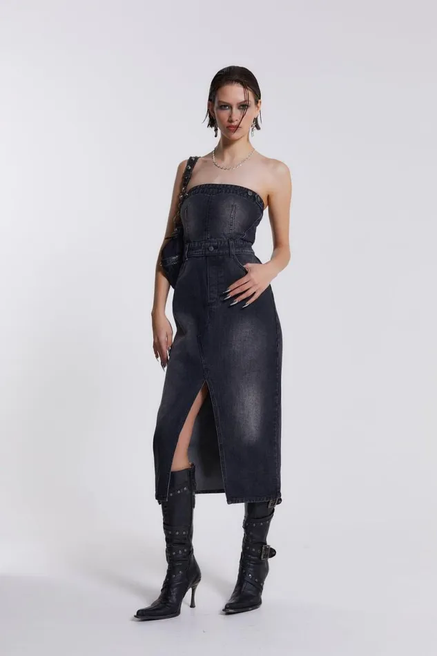 Jaded London CoOrds Women Liberty 2 In 1 Detachable Denim Black Midi Dress Black Jaded London CoOrds Women Liberty 2 In 1 Detachable Denim Black Midi Dress Black