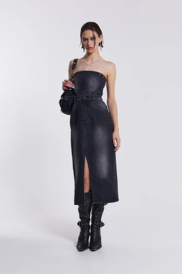 Jaded London CoOrds Women Liberty 2 In 1 Detachable Denim Black Midi Dress Black