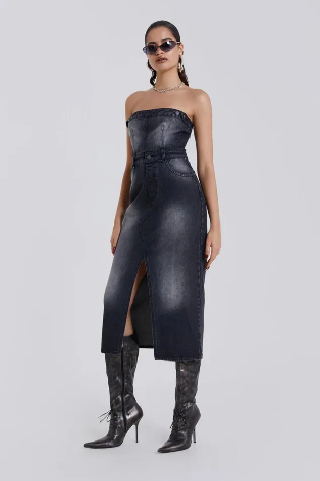Jaded London CoOrds Women Liberty 2 In 1 Detachable Denim Black Midi Dress Black