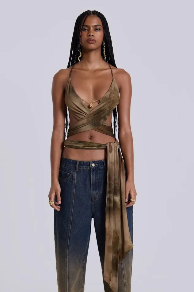 Jaded London Crop Tops Women Ayla Backless Plunge Wrap Top In Brown Brown