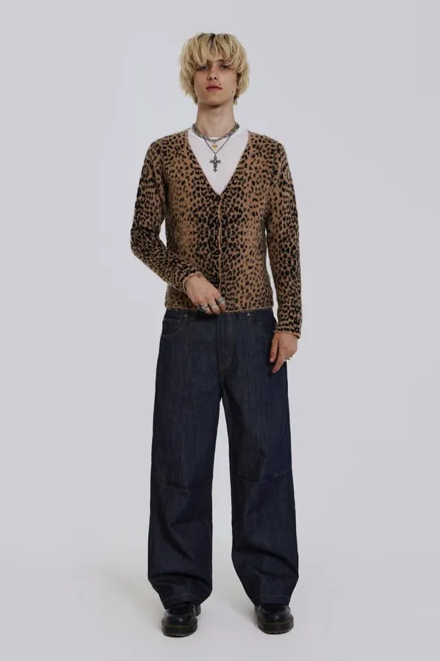 Jaded London Knitwear Men Leopard Chuck Cardigan Brown