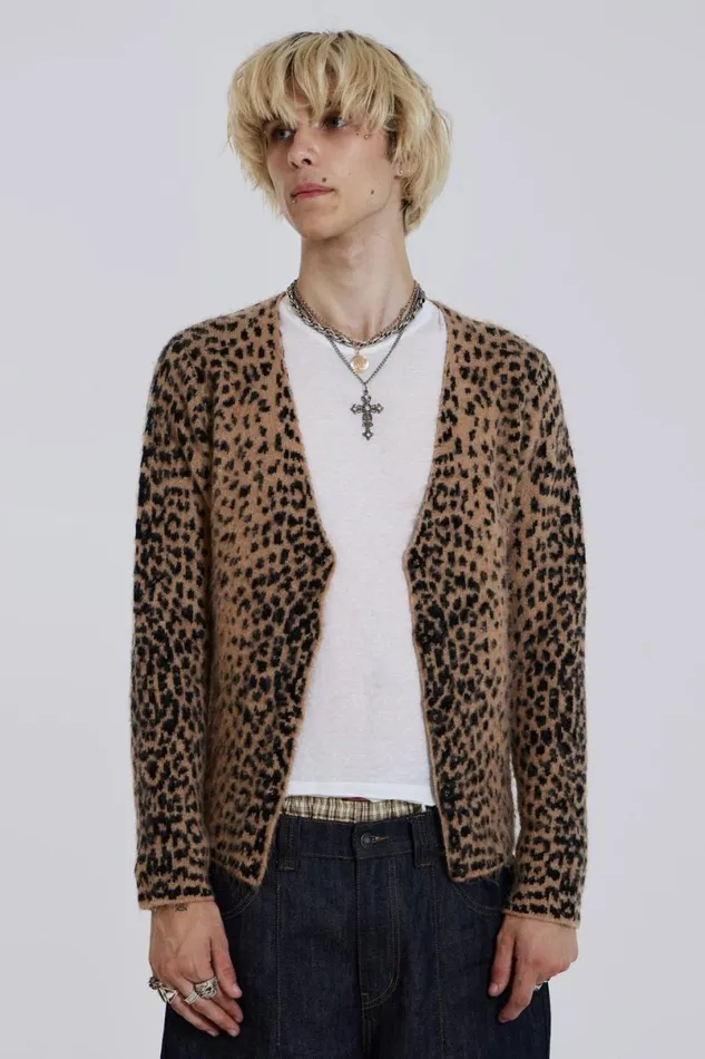 Jaded London Knitwear Men Leopard Chuck Cardigan Brown