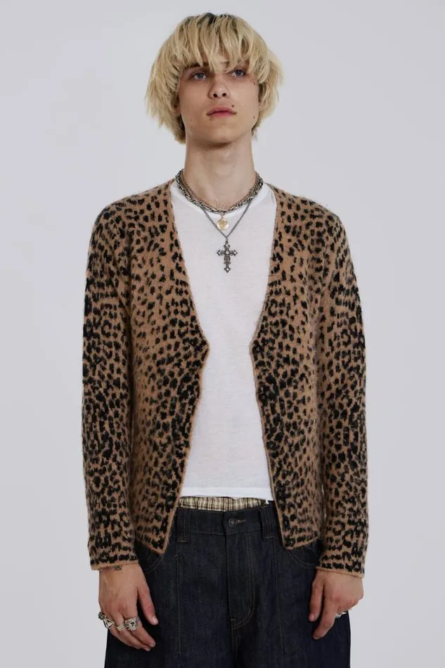 Jaded London Knitwear Men Leopard Chuck Cardigan Brown