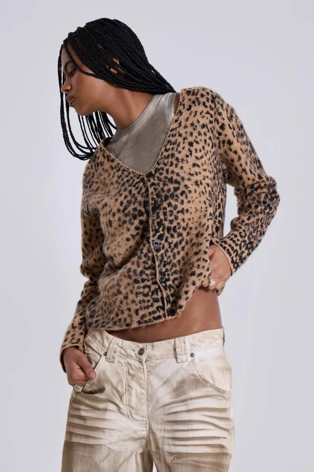 Jaded London Knitwear Men Leopard Chuck Cardigan Brown