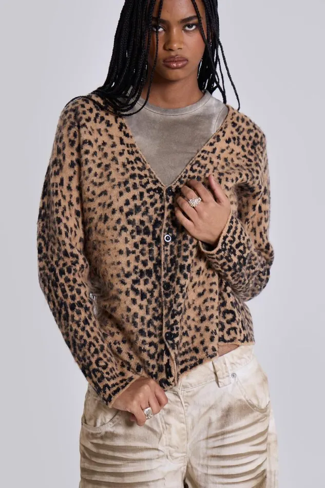Jaded London Knitwear Men Leopard Chuck Cardigan Brown