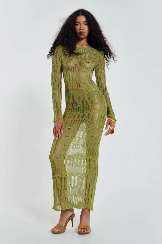 Jaded London Maxi Dresses Women Moss Green Metallic Umbra Maxi Dress Green